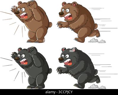 Vektor-Illustration von braunen und schwarzen Cartoon-Bären brüllen und laufen, dynamische Bewegung, ausdrucksstarke Gesichter, kühne Umrisse, weißer Hintergrund, isolieren Stock Vektor