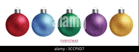 Mehrfarbiges Clipart-Set mit Weihnachtskugeln. Farbenfrohe Kugeln-Clip-Art in Glitzer, bedruckt, rund und glänzend für Weihnachtsdekorationen und Neujahrsdekorationen Stock Vektor
