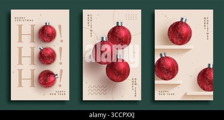 Clipart-Poster-Set für Glückwunschkarte mit Glückwunschkarte. Weihnachten und Wishing Happy New Year Postkartenvorlage Clip Art mit roten Weihnachtskugel-Elementen Stock Vektor