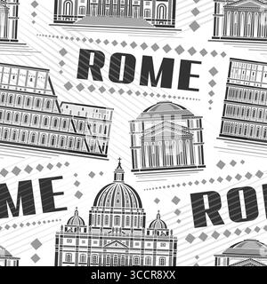 Vektor Rom nahtloses Muster, wiederholender Hintergrund mit Illustration der berühmten historischen rom Stadtlandschaft auf weißem Hintergrund für Bettwäsche, graues Mono Stock Vektor
