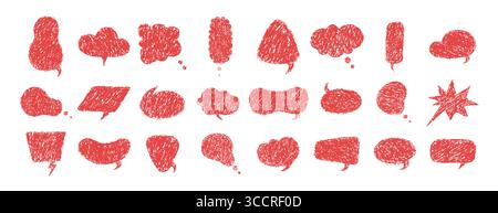 Ballon-Sprechstifte. Textboxen für Kinder, die mit Buntstift-Kritzeleien und Kreidekritzeleien versehen sind. Rote Dialogfelder für Zeichentrickfilme Stock Vektor