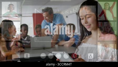 Weibliche Teenagerin, die das Smartphone im Klassenzimmer hält, Anruffenster und Dreiecksgleichung zeigt, Kopierraum Stockfoto