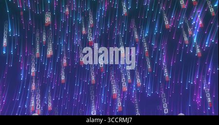 Streaming von binären Ziffern, die im Cyberspace fallen, mit leuchtenden Partikeln und roten Codeblöcken Stockfoto