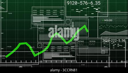 Anzeige eines hellgrünen Zickzackpfeils mit aufsteigendem Trend auf dem Armaturenbrett, auf Datenfeldern und numerischen Codes Stockfoto