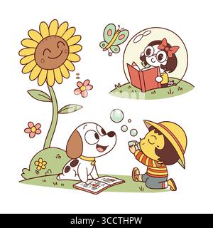 Kinder und Haustiere genießen einen sonnigen Tag in Cartoon Illustration Stock Vektor