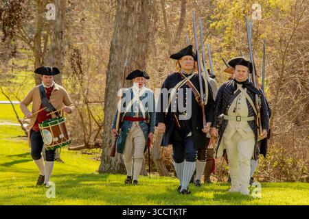 15. Februar 2020, Huntington Beach, Kalifornien: Ein Schlagzeuger begleitet Rebellensoldaten, die von Schauspielern dargestellt werden, bei einer historischen Nachstellung einer Schlacht im Amerikanischen Unabhängigkeitskrieg in einem Park in Huntington Beach, KALIFORNIEN. (Kreditbild: © Spencer Grant/ZUMA Press Wire) Stockfoto