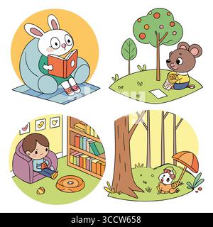Illustration mit Tieren beim Lesen und Genießen von Freizeitaktivitäten in der Natur Stock Vektor
