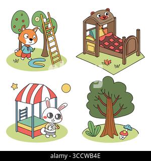 Niedliche Illustrationen von Tieren in verschiedenen verspielten und Outdoor-Szenarien Stock Vektor