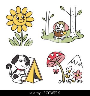 Skurrile Zeichentrickkollektion mit Tieren, Natur und niedlichen Naturelementen Stock Vektor