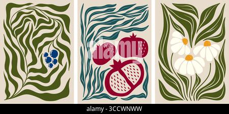 Abstrakte, groovy Leaves Kunstwerke mit fließenden botanischen Formen und Beeren für moderne Wanddekoration. Wellige Laubmuster mit Granatäpfeln, Gänseblümchen und Beeren mit Retro-Farben für Poster. Stock Vektor