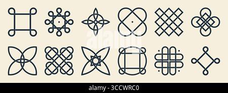 Keltische irische Knotensymbole mit verflochtenen Mustern und geometrischen Mustern für traditionelle Dekoration. Endlose Schlaufen, Kreuze und florale Formen mit sich verschlungenen Linien für dekorative Kunst oder Tätowierungen. Stock Vektor