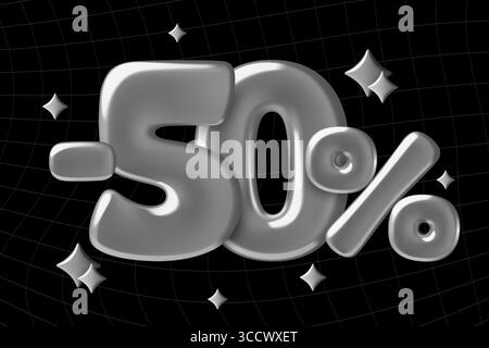 Verchromtes Preisschild mit 50 % Rabatt auf 3D-Ballonnummern und Funkeln auf dunklem Hintergrund Stock Vektor