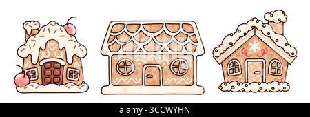 Lebkuchenhaus Sammlung - Plätzchenhaus mit Schokoladenwaffeltür und Kirschen, Hütte mit schmelzender Glasur und Streuseln auf dem Dach, Kuchenwohnung in Zuckerguss für Weihnachtsfeiertage Backmotive. Stock Vektor
