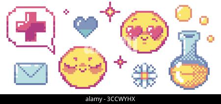 Pixel Art y2k Set - rosa Kreuzsprechblase, Gänseblümchenblume, verliebtes Emoticon, gerötetes Gesicht, romantisches Symbolherz und Briefumschlag, Retro-Spieloberfläche für Zaubertränke. Vintage-Ikonen im Funkeln Stock Vektor