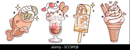 Kawaii Eisset - Taiyaki-Fisch mit Schlagoberteil und Zitrusfrüchten, weicher Servierkegel mit Waffeln, orangefarbenem Eis mit Glitzern, lagigem Parfait im Glas mit Früchten für gefrorene Desserts. Stock Vektor