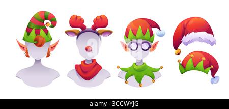 Weihnachts-Elfen-Kostüm mit festlichen Accessoires - gestreifter Hut, Rentiergeweih Stirnband, Brille mit Narrenmütze, Weihnachtsmannmütze Kollektion für Weihnachtscharakter oder Partydekoration Requisiten. Stock Vektor
