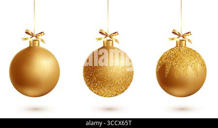 Goldene Weihnachtskugel mit Band und Schleife auf weißem Hintergrund. Weihnachtsdekoration Stock Vektor