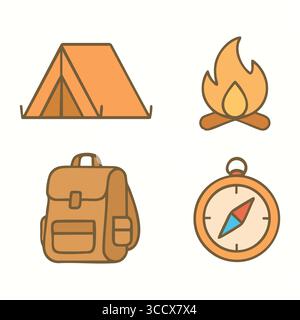 Ikonen im Freien, die ein Zeltzelt und ein brennendes Lagerfeuer in warmen Erdfarben auf einem sauberen Hintergrund darstellen. Stock Vektor