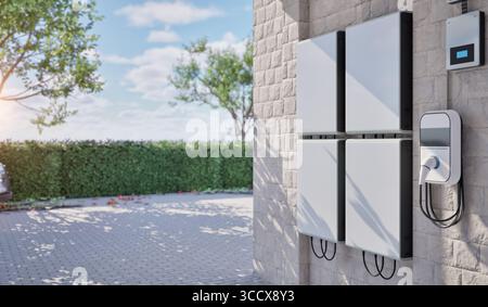 3D-Rendering-Akku-Energiespeichersystem mit EV-Ladegerät für den privaten Gebrauch Stockfoto