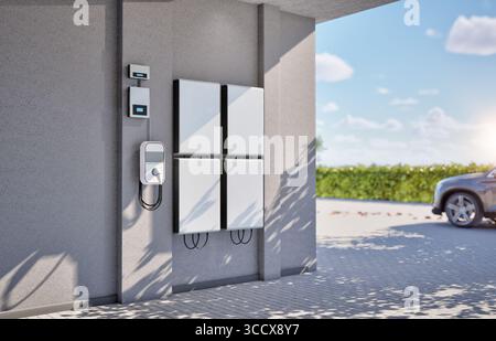 3D-Rendering-Akku-Energiespeichersystem mit EV-Ladegerät für den privaten Gebrauch Stockfoto