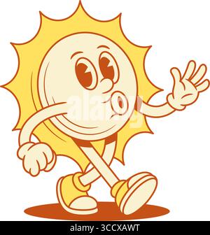 Fröhliche gelbe Sonne Karikaturfigur gehend pfeifend konturierte Vektor flache Illustration. Lächelnder Comic Sommer Sonnenlicht Urlaub Sonnenschein Maskottchen goi Stock Vektor