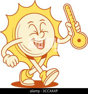 Lächelnde gelbe Sonne Zeichentrickfigur mit Schlüssel konturierter Vektor flache Illustration. Niedliches fröhliches Sonnenlicht-Maskottchen mit offenem Schloss metalli Stock Vektor