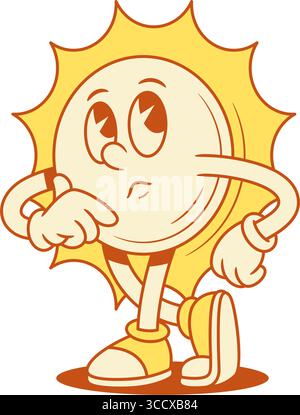 Nachdenkliche süße gelbe Sonne Cartoon Charakter denken konturierte Vektor flache Illustration. Fröhlich verspielt süß Sommer sonniges Sonnenlicht Sonnenschein heißes Maskottchen Stock Vektor