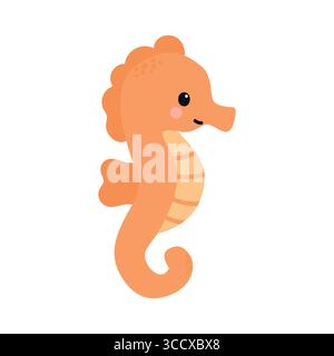 Ein süßes orangenes Seepferdchen im Cartoon-Stil mit einem lächelnden Gesicht und einem geschwungenen Schwanz. Das Seepferdchen hat eine ausgeprägte Körperform und ist gegen eine Ebene gesetzt Stock Vektor