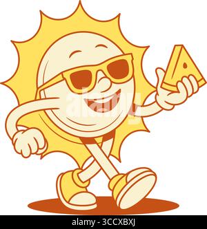 Glückliche gelbe Sonne Zeichentrickfigur mit Wassermelone konturierter Vektor flache Illustration. Lustiges fröhliches Sommersonnenlicht Sonnenschein Urlaub Maskottchen in Sung Stock Vektor