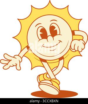 Funky lächelnde gelbe Sonne Cartoon Charakter gehen konturierte Vektor flache Illustration. Süßes fröhliches Comic Sommer Sonnenschein Urlaub Maskottchen gehen Stock Vektor