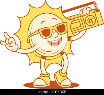 Kühle gelbe Sonne Zeichentrickfigur mit Retro-Musik-Player konturierte Vektor-flache Illustration. Komische fröhliche Sommer Sonnenlicht Urlaub Maskottchen in der Sungla Stock Vektor