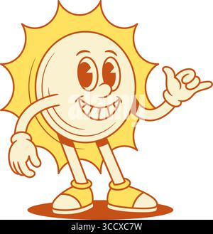 Comic gelbe Sonne Zeichentrickfigur Surf Coole Geste konturierte Vektor flache Illustration. Lustiges verspieltes Sommersonnenlicht Sonnenschein Urlaub Maskottchen haben Stock Vektor