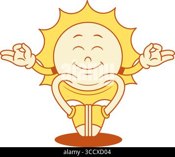 Glückliche gelbe Sonne Zeichentrickfigur Yoga Meditation konturierte Vektor flache Illustration. Lächelnder Comic Sommer Sonnenlicht Sonnenschein Urlaub Maskottchen Relax li Stock Vektor