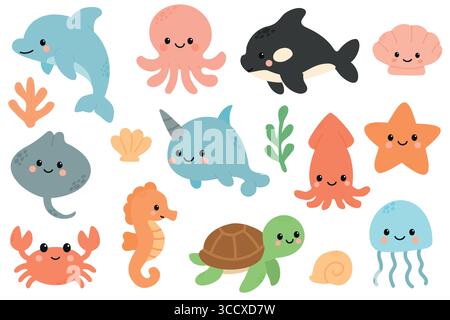 Eine Sammlung von niedlichen Meerestieren, darunter Delfin, Krake, Narwal, Krabbe, Seepferdchen, Schildkröten, Quallen und Seesterne, alles in leuchtenden Farben. Stock Vektor