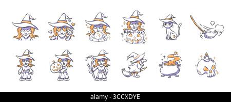 Halloween-Hexe. Hand gezeichnet Icon Zeichentrickfiguren Illustrationssammlung . Vektor . Stock Vektor