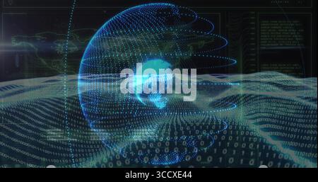 Anzeige einer gepunkteten 3D-Kugel, die im virtuellen Cyberspace im Kern leuchtet, mit Streaming-Binärcode-Ziffern Stockfoto