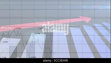 Anzeige eines rosafarbenen Pfeils, der Daten auf dem Armaturenbrett mit grauen Balken, Liniendiagrammen und Prozentbeschriftungen anzeigt Stockfoto