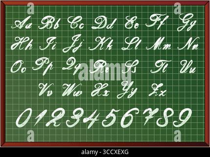 Schultafel mit Buchstaben und Zahlen. Stock Vektor