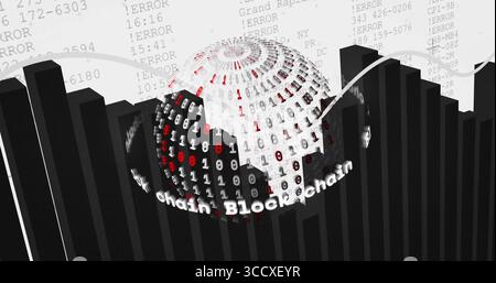 Binäre 3D-Kugel, die über dem Balkendiagramm im Datenraum schwimmt, mit Fehler, Bogen und Blockchain-Text Stockfoto