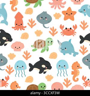 Ein farbenfrohes Muster mit niedlichen Meerestieren wie Delfinen, Schildkröten, Quallen, Oktopussen und Seesternen, umgeben von Korallen und Muscheln. Stock Vektor