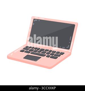 Klare und einfache handgezeichnete Illustration eines modernen Laptops in zartem Rosa mit dunkelgrauem Bildschirm und Tastatur. Perfekt für Technologie, Busine Stock Vektor