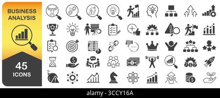 Symbolgruppe Business Analysis. Stärken, Schwächen, Chancen und Bedrohungen. Geschäftspräsentationen, Planung, Strategie, Infografik-Symbole C Stock Vektor