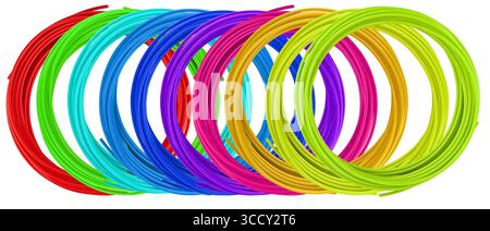 Filament für 3D-Stifte, Spulen mit schnell einstellbarem Kunststoff. Auf weißem Hintergrund isoliert Stockfoto