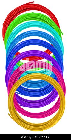 Filament für 3D-Stifte, Spulen aus haltbarem und glattem Kunststoff. Auf weißem Hintergrund isoliert Stockfoto