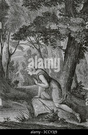 Griechische Mythologie. Narcissus blickt auf sein eigenes Spiegelbild. Kupferstich von Huyot nach einer Illustration von Jean-Michel Moreau, bekannt als Moreau le Jeune (1741–1814), in Lettres à Emilie sur la Mythologie (Letters to Emilie on Mythology), einem Werk von Charles-Albert Demoustier (1760–1801) aus dem Jahr 1790. Ausgabe in Paris von Edit veröffentlicht. De P. Didot 1809. Direktorin, Konsulat und Reich. Moeurs et Usages, Lettres, Sciences et Arts. France, 1795-1815“ (Direktorium, Konsulat und das Reich von Frankreich. Bräuche und Traditionen, Briefe, Wissenschaften und Künste. Frankreich, 1795-1815), von Paul Lacroix. Veröffentlichen Stockfoto