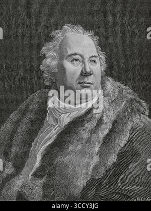 Jean-Francois Ducis (1733-1816). Französischer Dichter und Dramatiker. Hochformat. Stich von Huyot nach dem Gemälde von Francois Gérard (1770-1837) Stich von Ferssell, 1814. Direktorin, Konsulat und Reich. Moeurs et Usages, Lettres, Sciences et Arts. France, 1795-1815“ (Direktorium, Konsulat und das Reich von Frankreich. Bräuche und Traditionen, Briefe, Wissenschaften und Künste. Frankreich, 1795-1815), von Paul Lacroix. Veröffentlicht in Paris, 1884. Stockfoto
