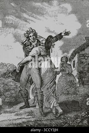 Epîtres et poésies Diverses (verschiedene Briefe und Gedichte). Gedichte des französischen Dichters und Dramatikers Jean-Francois ducis (1733–1816) im Jahr 1813. 'EST-ce vous, lui dit-il, EST-ce vous, chère Elise?' (Sind Sie das? Er sagte. Bist du das, liebe Elise?) Die Rückgabe. Illustration von A. Desenne. Stich von Simonet. Ausgabe von 1814. Direktorin, Konsulat und Reich. Moeurs et Usages, Lettres, Sciences et Arts. France, 1795-1815“ (Direktorium, Konsulat und das Reich von Frankreich. Bräuche und Traditionen, Briefe, Wissenschaften und Künste. Frankreich, 1795-1815), von Paul Lacroix. Veröffentlicht in Paris, 1884. Stockfoto