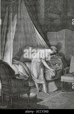 „Elle vole, inquiète, au bercau de Son fils; dans le sommeil longtemps le conTemple immobile“ (sie fliegt besorgt zur Wiege ihres Sohnes; im Schlaf betrachtet sie ihn für lange Zeit regungslos). Stich von Huyot nach der Frontillustration von Le Mérite des femmes, Gedicht des 1801 französischen Dichters Gabriel Legouvé (1764–1812). Zeichnung von Jean-Michel Moreau, bekannt als Moreau le Jeune (1741–1814), Stich von Simonet. Paris, Ausgabe 1813. Direktorin, Konsulat und Reich. Moeurs et Usages, Lettres, Sciences et Arts. France, 1795-1815” (Verzeichnis, Konsulat und Stockfoto
