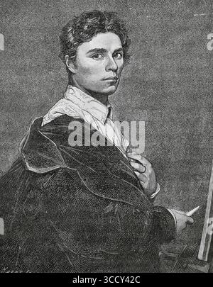 Jean-Auguste-Dominique Ingres (1780-1867). Französischer Maler. Selbstporträt Im Alter Von 24, 1804 Jahren. Stich von Huyot. Direktorin, Konsulat und Reich. Moeurs et Usages, Lettres, Sciences et Arts. France, 1795-1815“ (Direktorium, Konsulat und das Reich von Frankreich. Bräuche und Traditionen, Briefe, Wissenschaften und Künste. Frankreich, 1795-1815), von Paul Lacroix. Veröffentlicht in Paris, 1884. Stockfoto