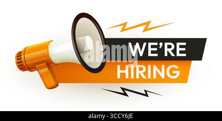 Wir stellen ein. „Hiring Now“-Label mit Megaphone. Vektorabbildung Stock Vektor